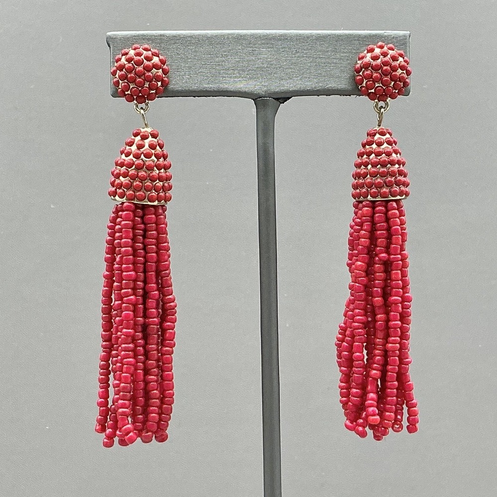 BaubleBar Earrings Gold Tone Red Beaded Tassel Dangle Drop Womens Jewelry 3"